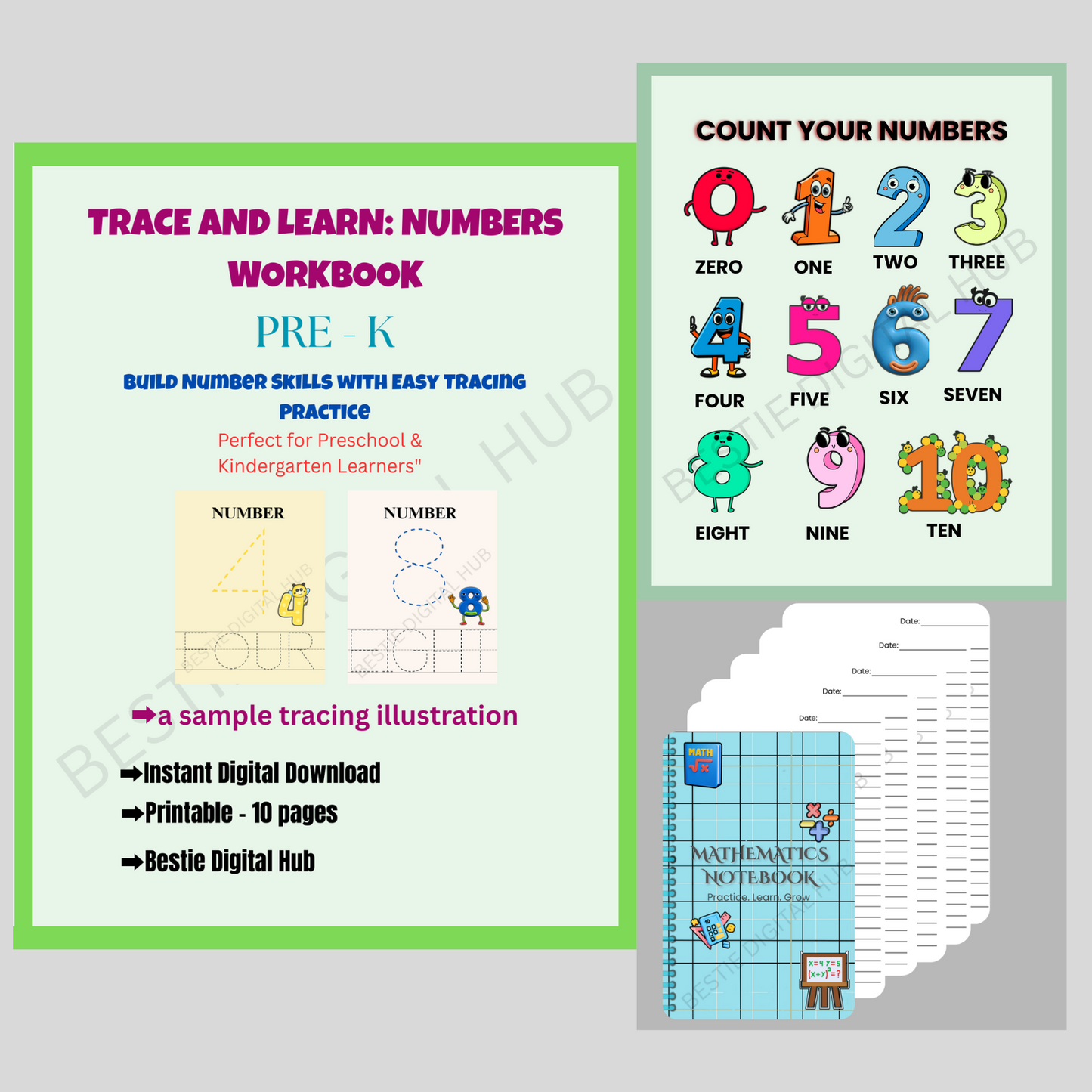 Early Math Starter Bundle – Wall Art, Tracing Numbers & Math Notebook Printable (Pre-K to Grade 1) Printable | Digital Download