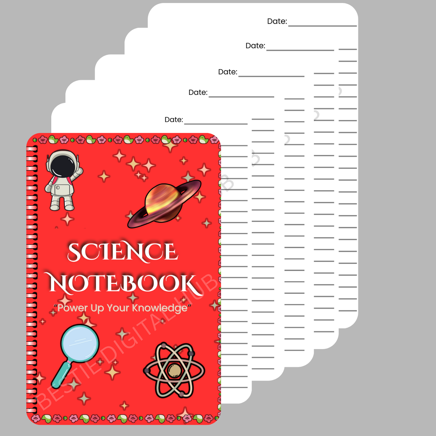 Printable Science Notebook Red For Kids – 50 Writing Pages + Back Cover | Cute & Minimalist Blue Design