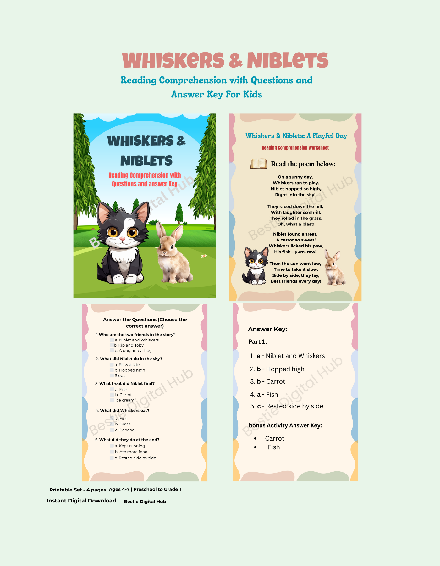 Whiskers & Niblets: A Playful Day – Reading Comprehension Poem + Q&A Printable For (K– Grade2)